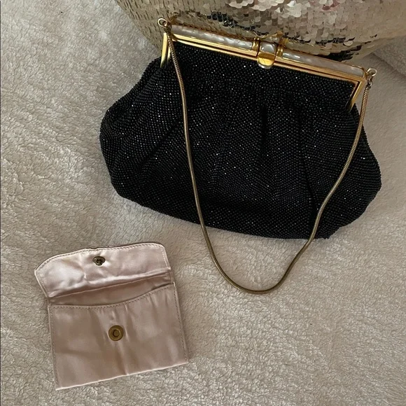 Vtg. Micro Beaded Elegant Black Evening Clutch Purse Mother of Pearl - Picture 8 of 11